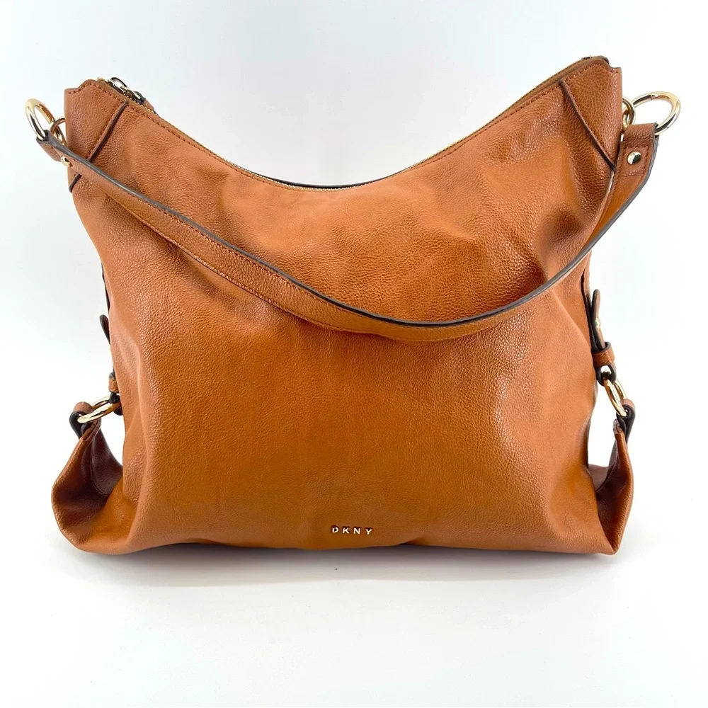DKNY Women’s Cognac Faux Pebbled Leather Shoulder Tote Hobo Bag